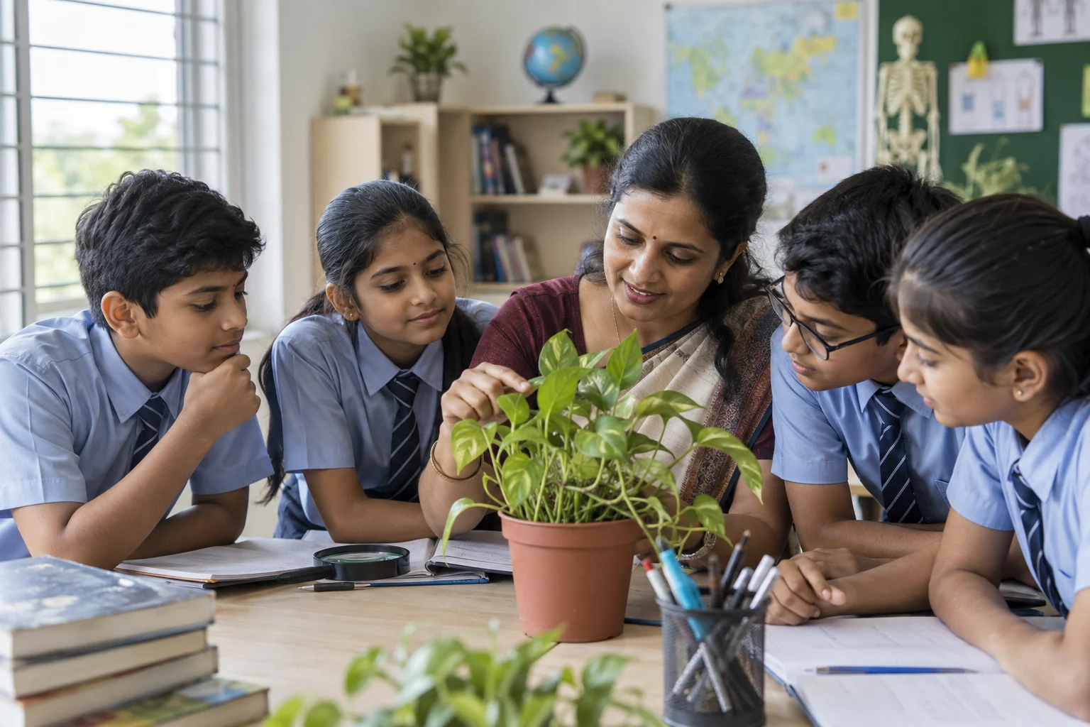 Indian students and a teacher sharing a learning moment in a classroom